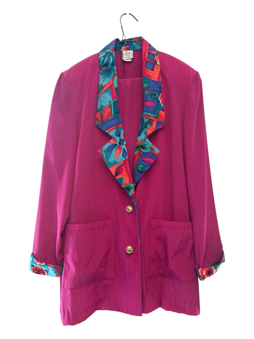 NWT Vintage 80’s/90’s Fuchsia Blazer/Pant Suit with Multi-Color Art Trim Size 8